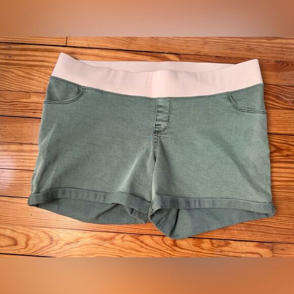 Liz Lange Sage Green Denim Shorts with Light Pink Waistband - Picture 2 of 5